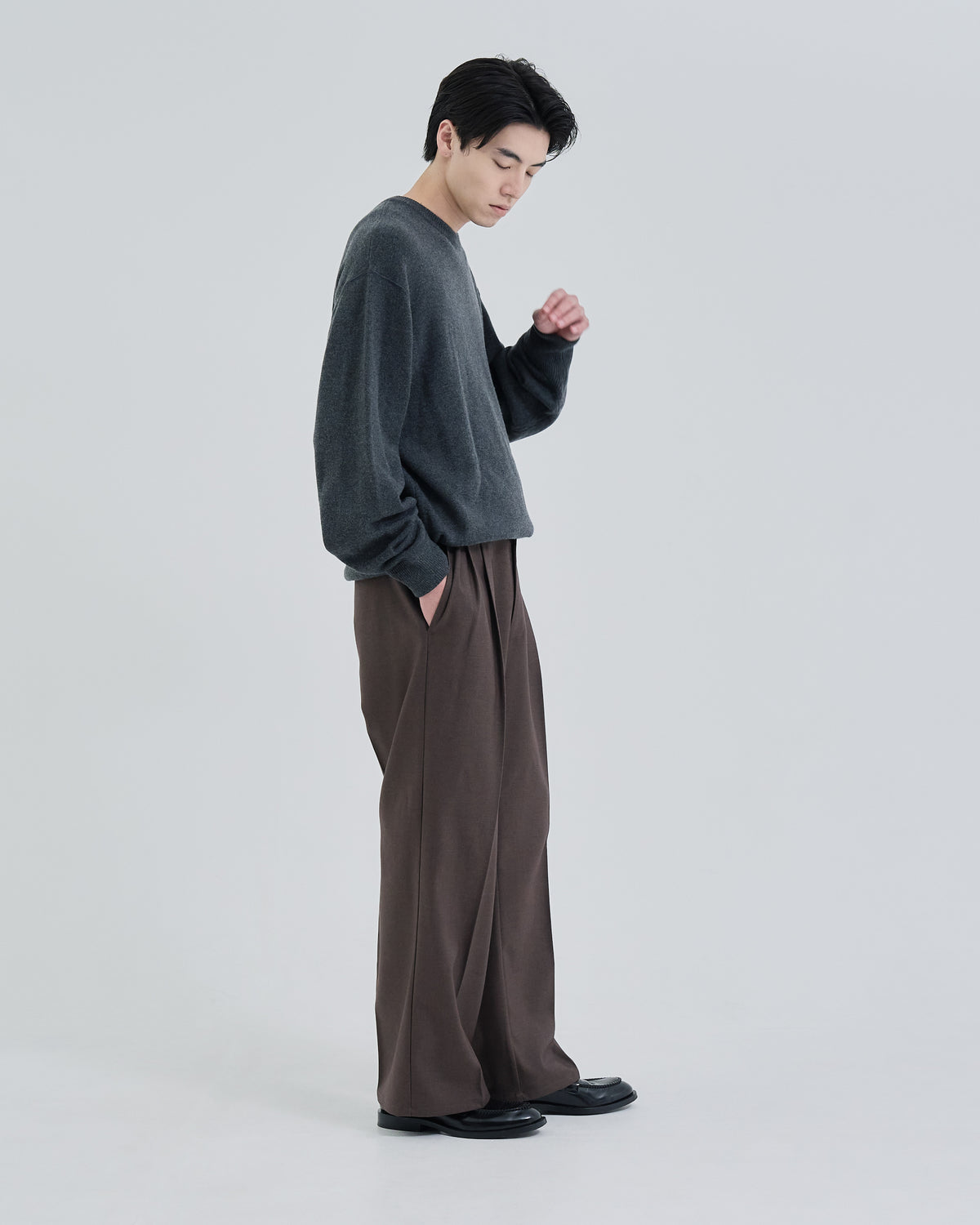 2Tuck Wide Wool Touch Slacks -brown-(12)