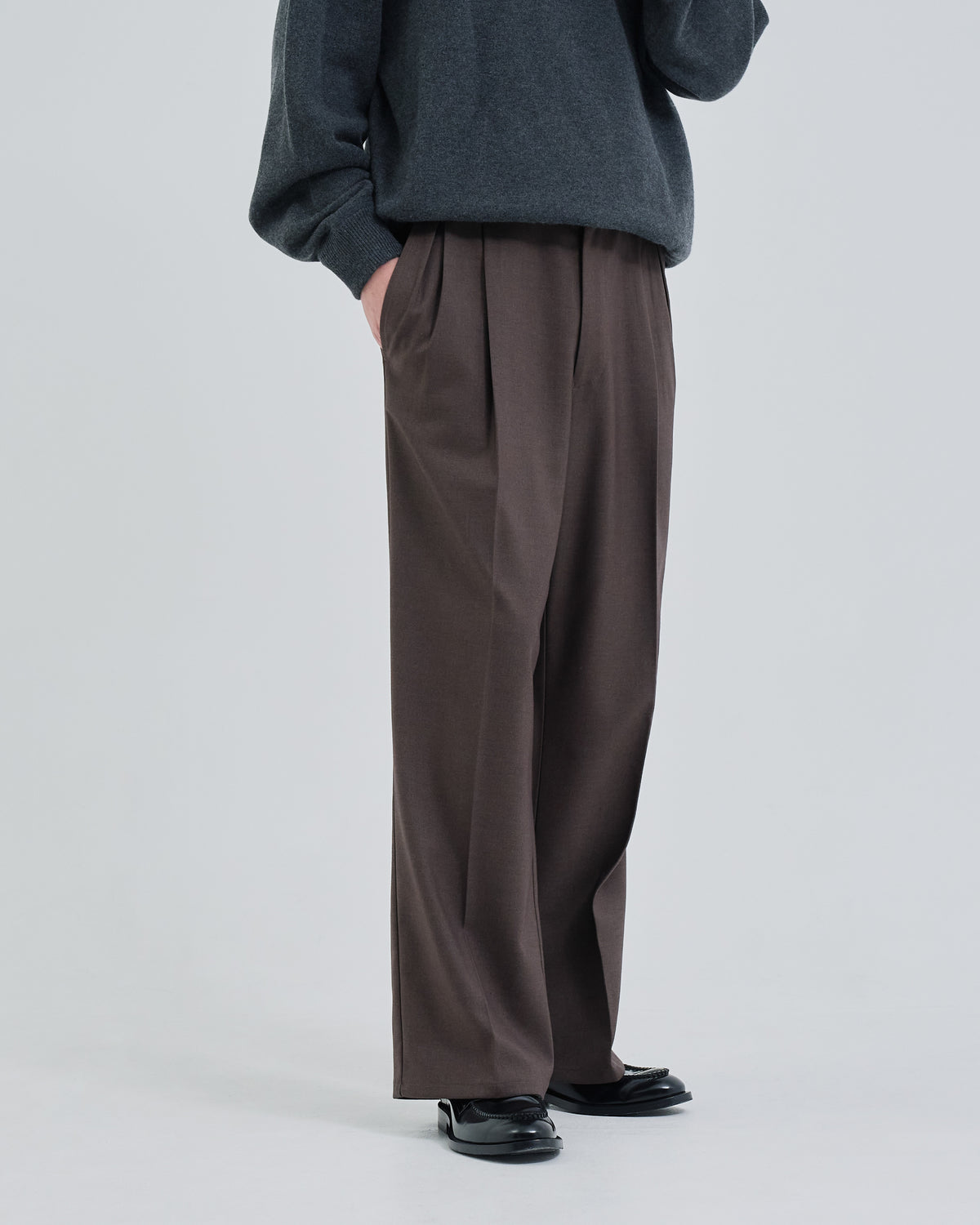 2Tuck Wide Wool Touch Slacks -brown-(17)