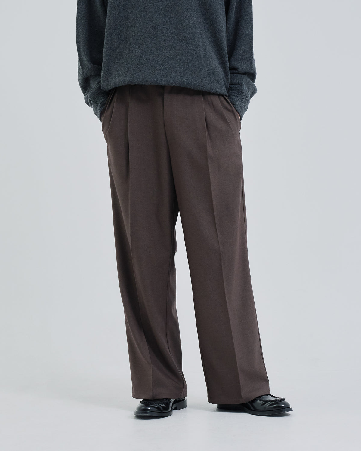 2Tuck Wide Wool Touch Slacks -brown-(18)