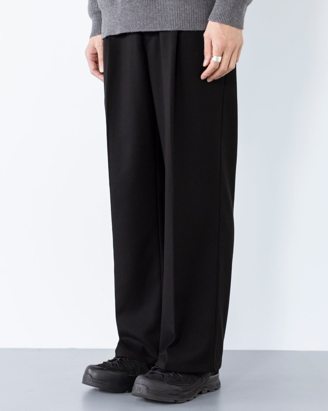 2Tuck Wide Wool Touch Slacks -black-