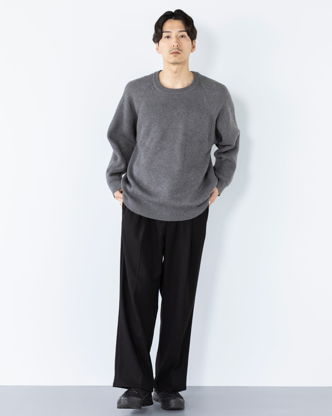 2Tuck Wide Wool Touch Slacks -black-
