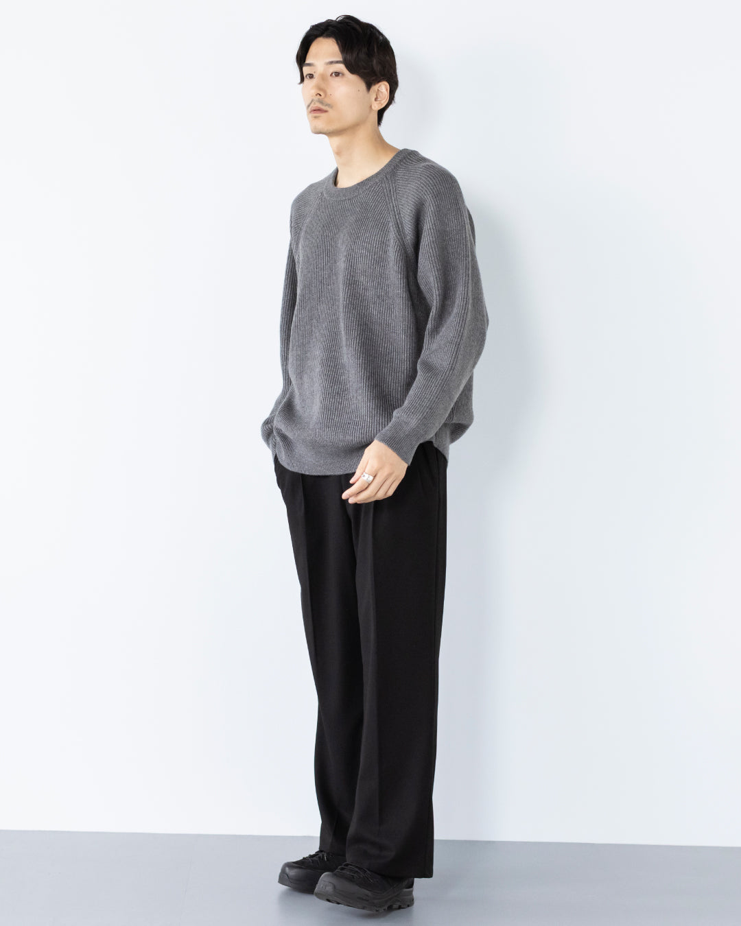 2Tuck Wide Wool Touch Slacks -black-