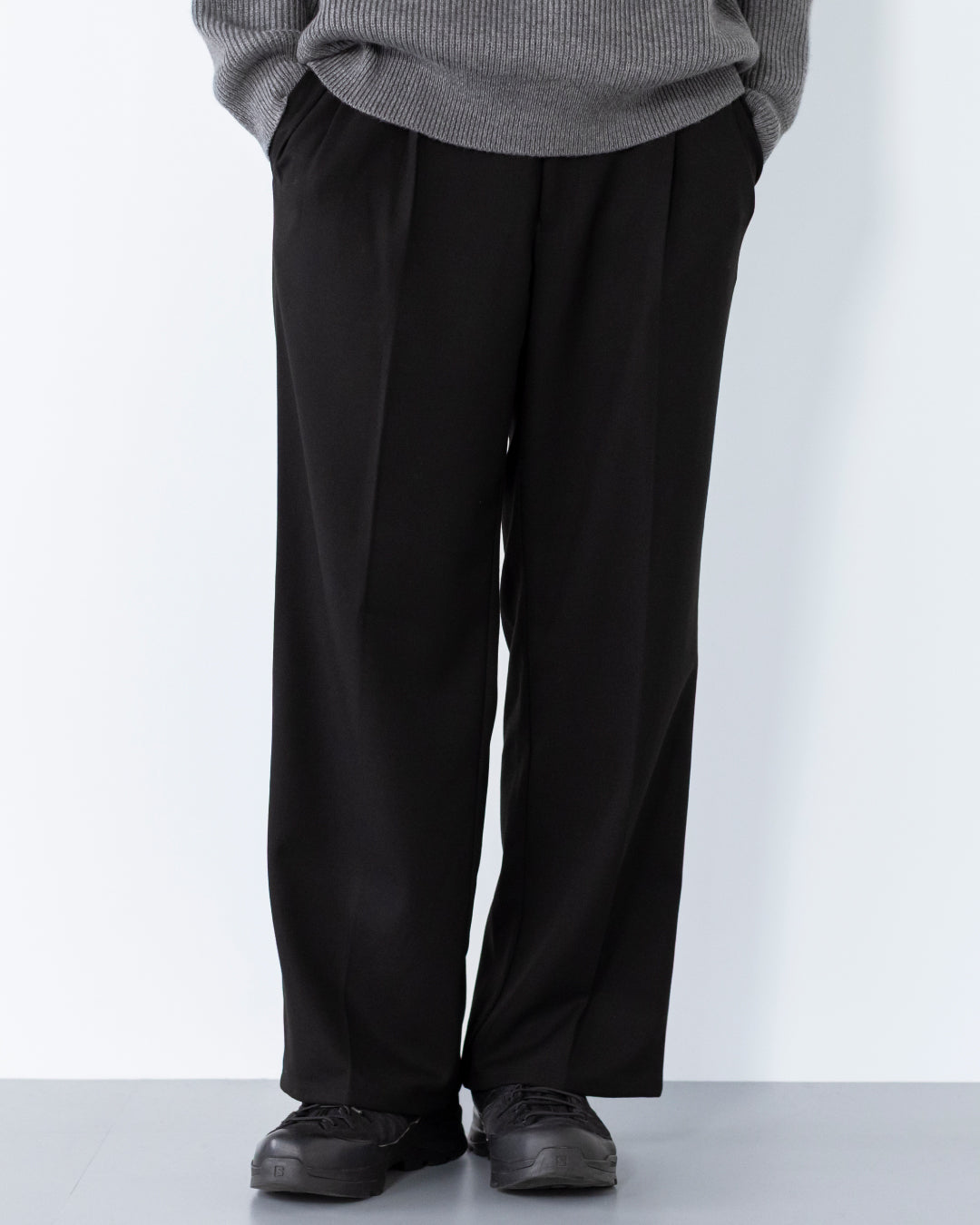 2Tuck Wide Wool Touch Slacks -black-
