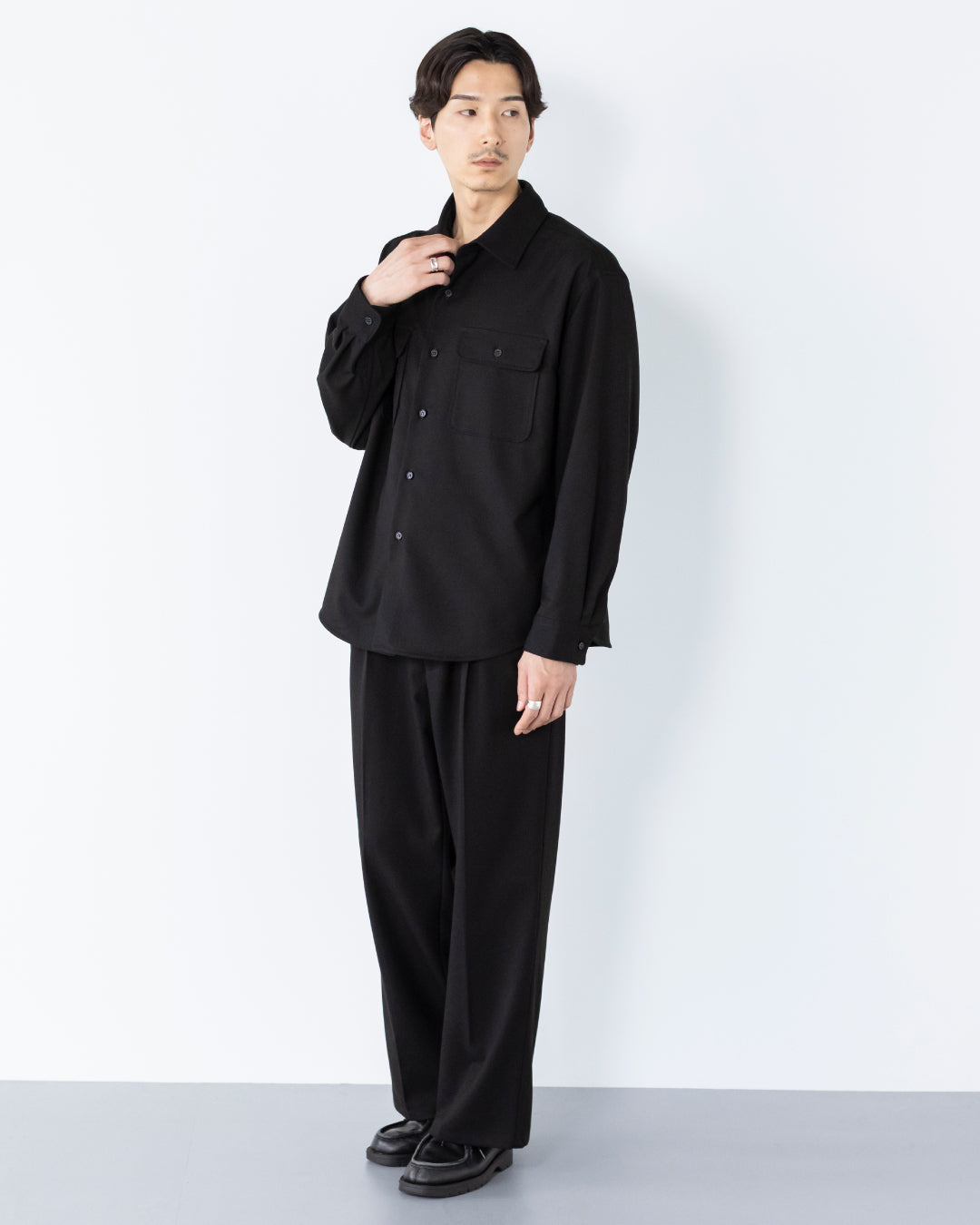 2Tuck Wide Wool Touch Slacks -black-