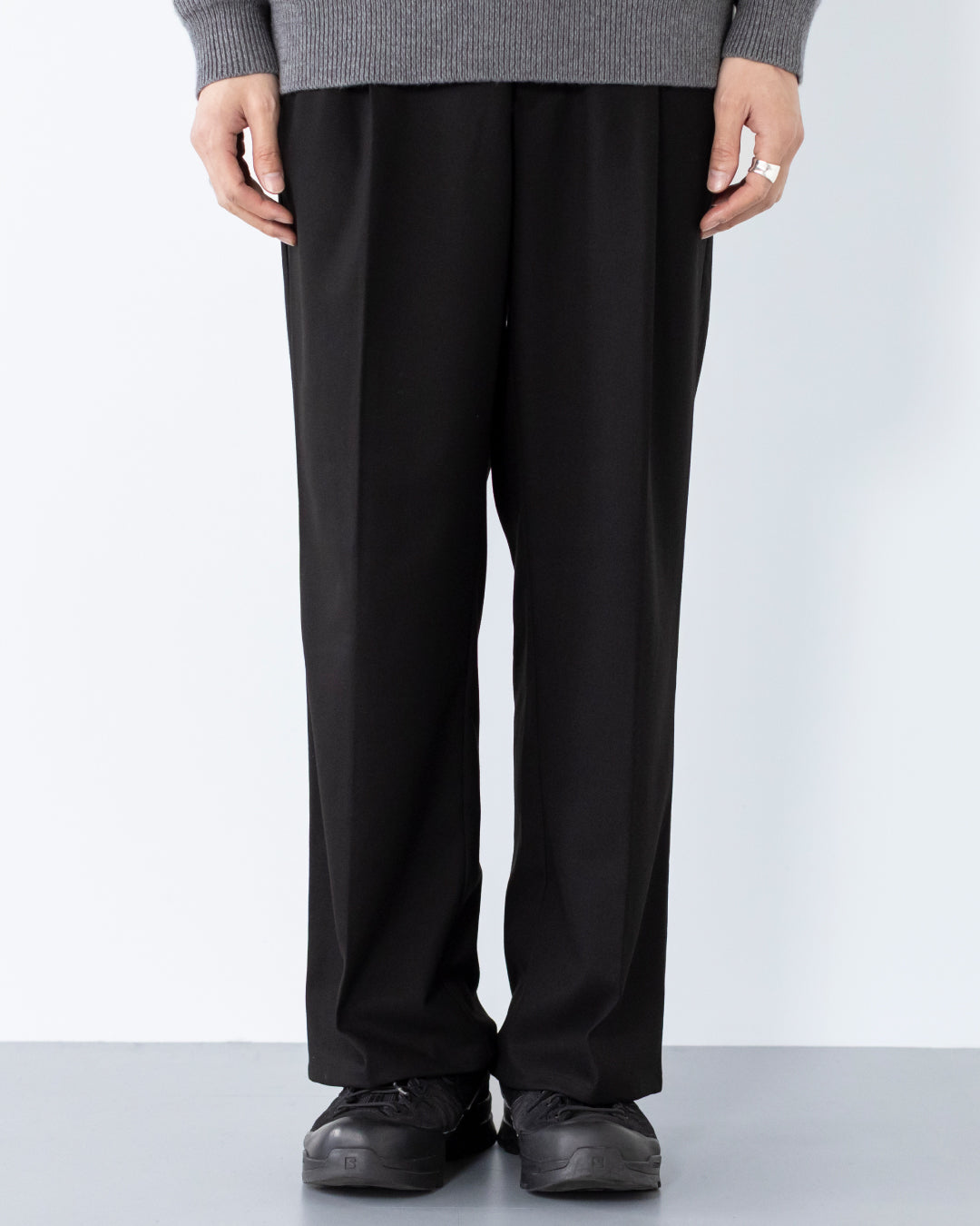 2Tuck Wide Wool Touch Slacks -black-