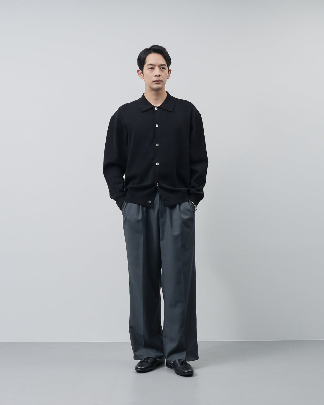 High Twist Cotton×Nylon Collared Knit Cardigan -black-