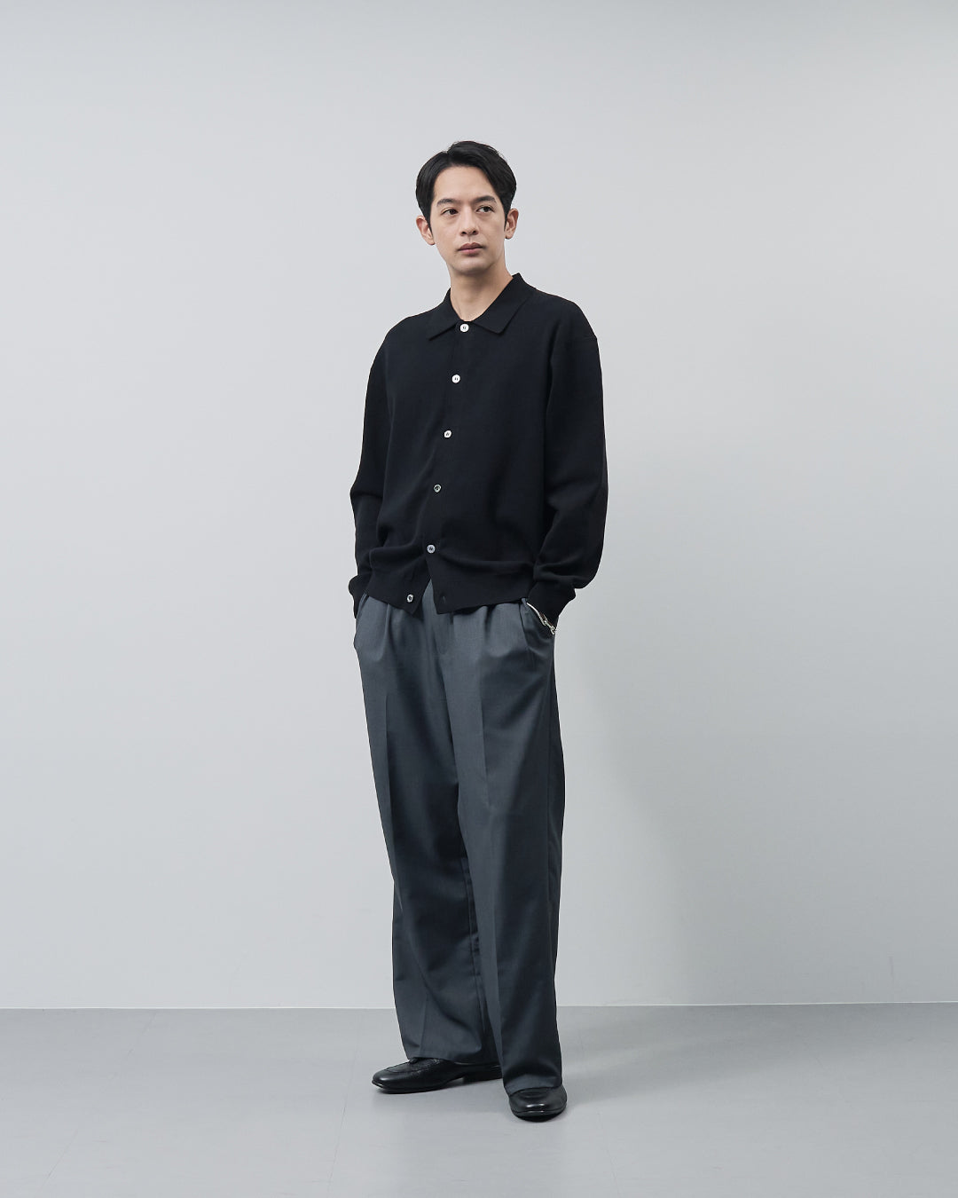 High Twist Cotton×Nylon Collared Knit Cardigan -black-