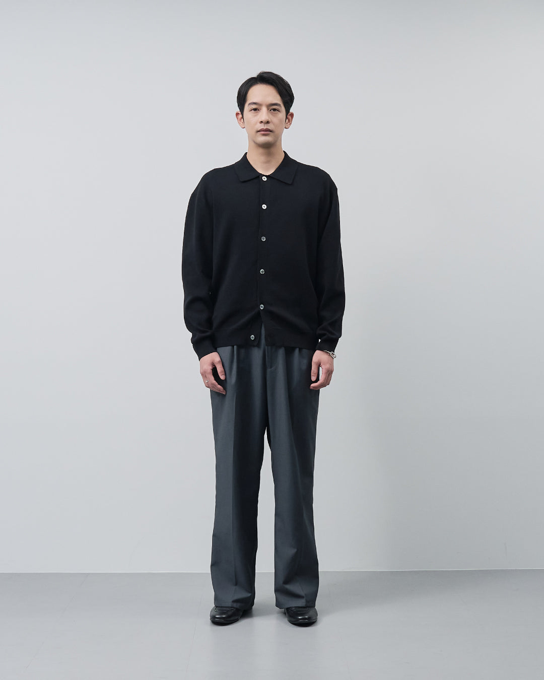 High Twist Cotton×Nylon Collared Knit Cardigan -black-