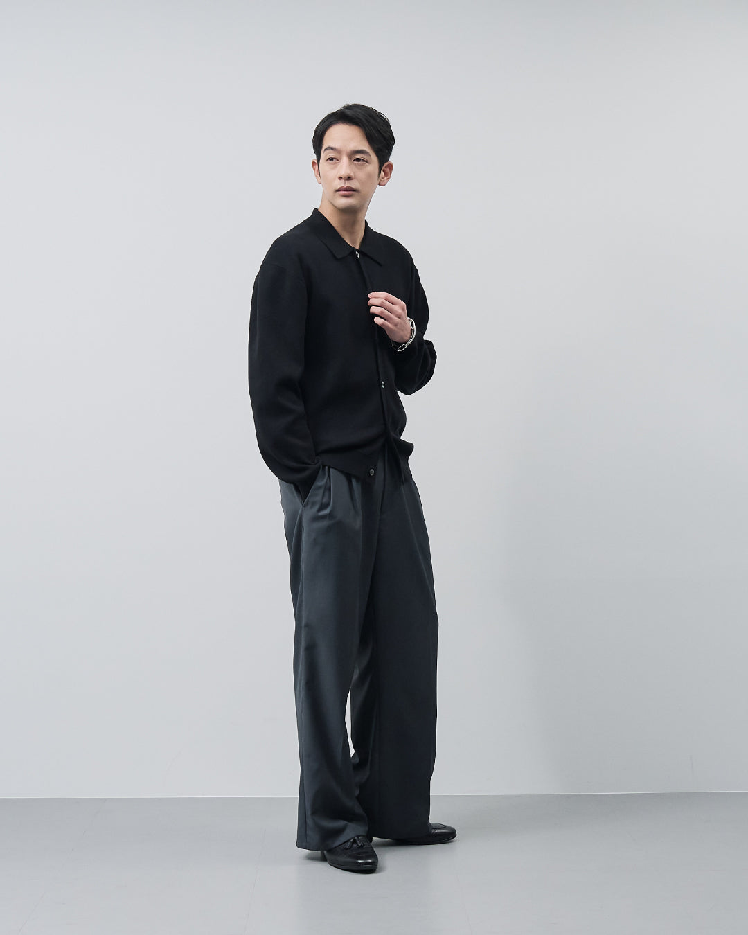 High Twist Cotton×Nylon Collared Knit Cardigan -black-