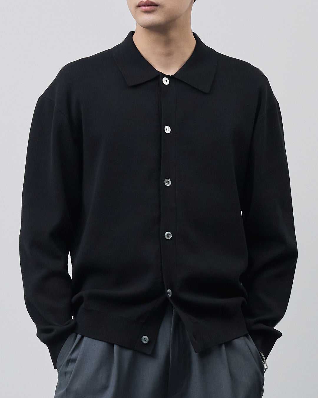 High Twist Cotton×Nylon Collared Knit Cardigan -black-