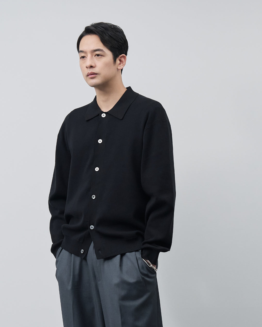 High Twist Cotton×Nylon Collared Knit Cardigan -black-