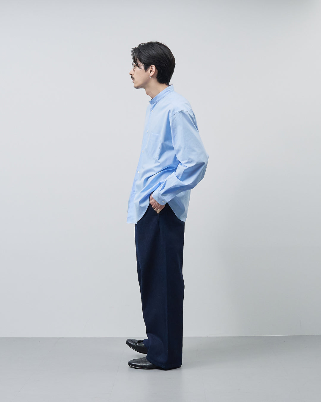 Relaxed Fit Band Collar L/S Shirt -saxe blue-