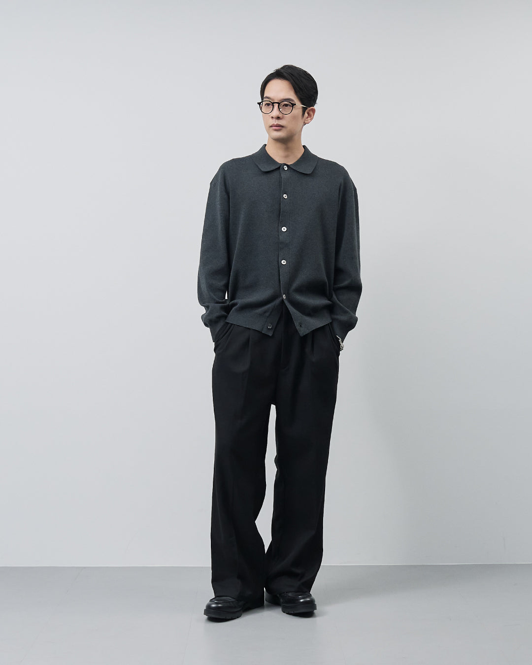 High Twist Cotton×Nylon Collared Knit Cardigan -dark gray-