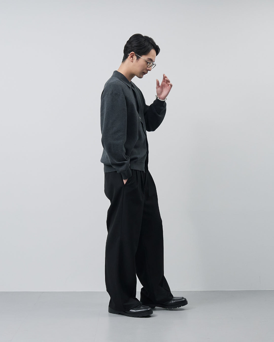 High Twist Cotton×Nylon Collared Knit Cardigan -dark gray-