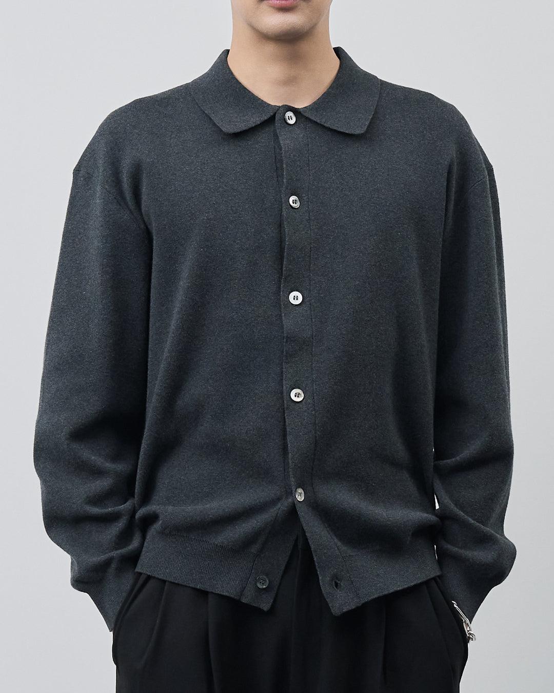 High Twist Cotton×Nylon Collared Knit Cardigan -dark gray-