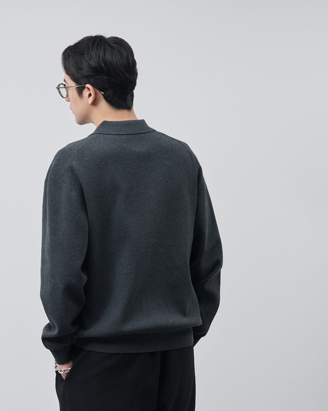 High Twist Cotton×Nylon Collared Knit Cardigan -dark gray-