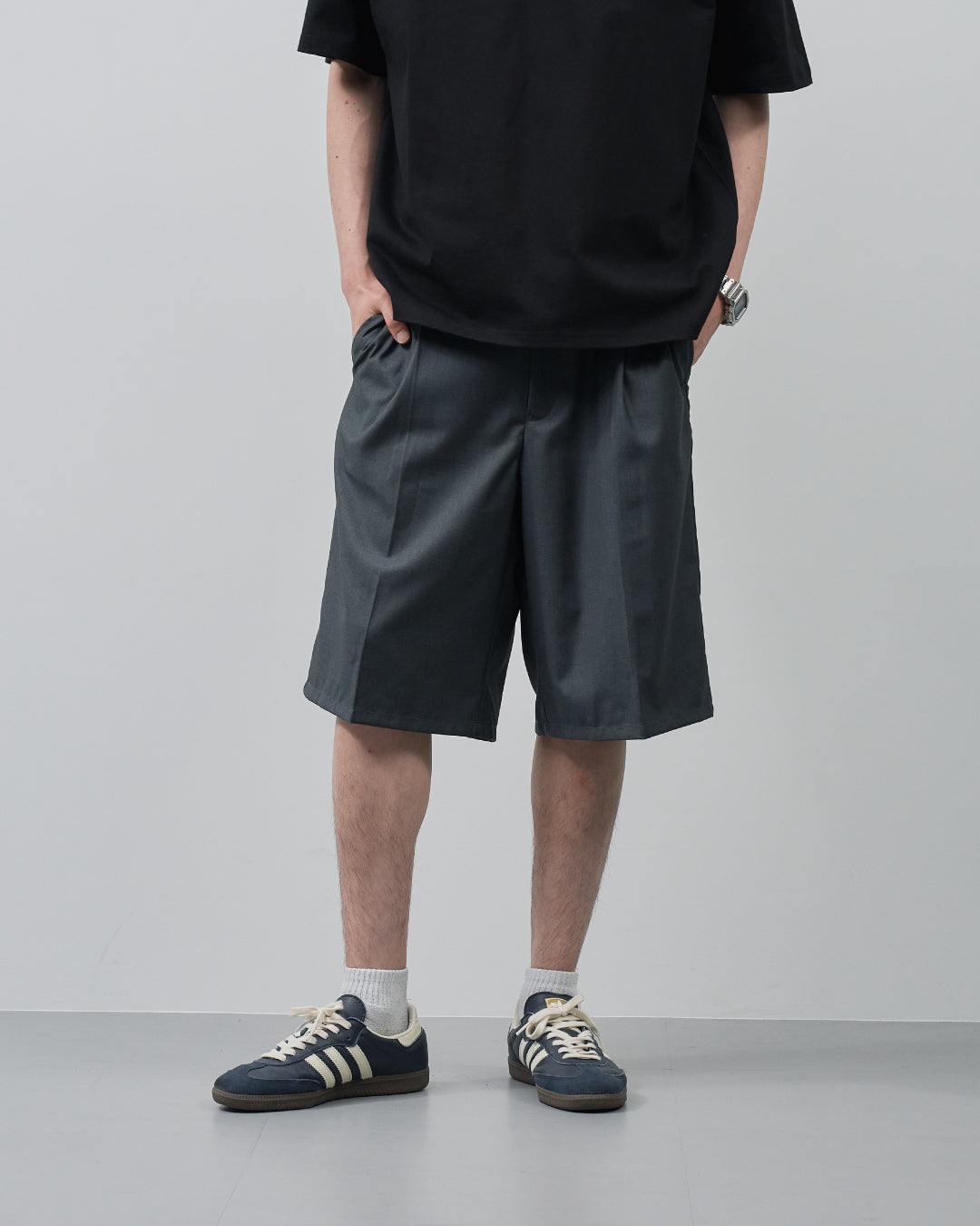 1Tuck Wide Easy Half Slacks -gray-