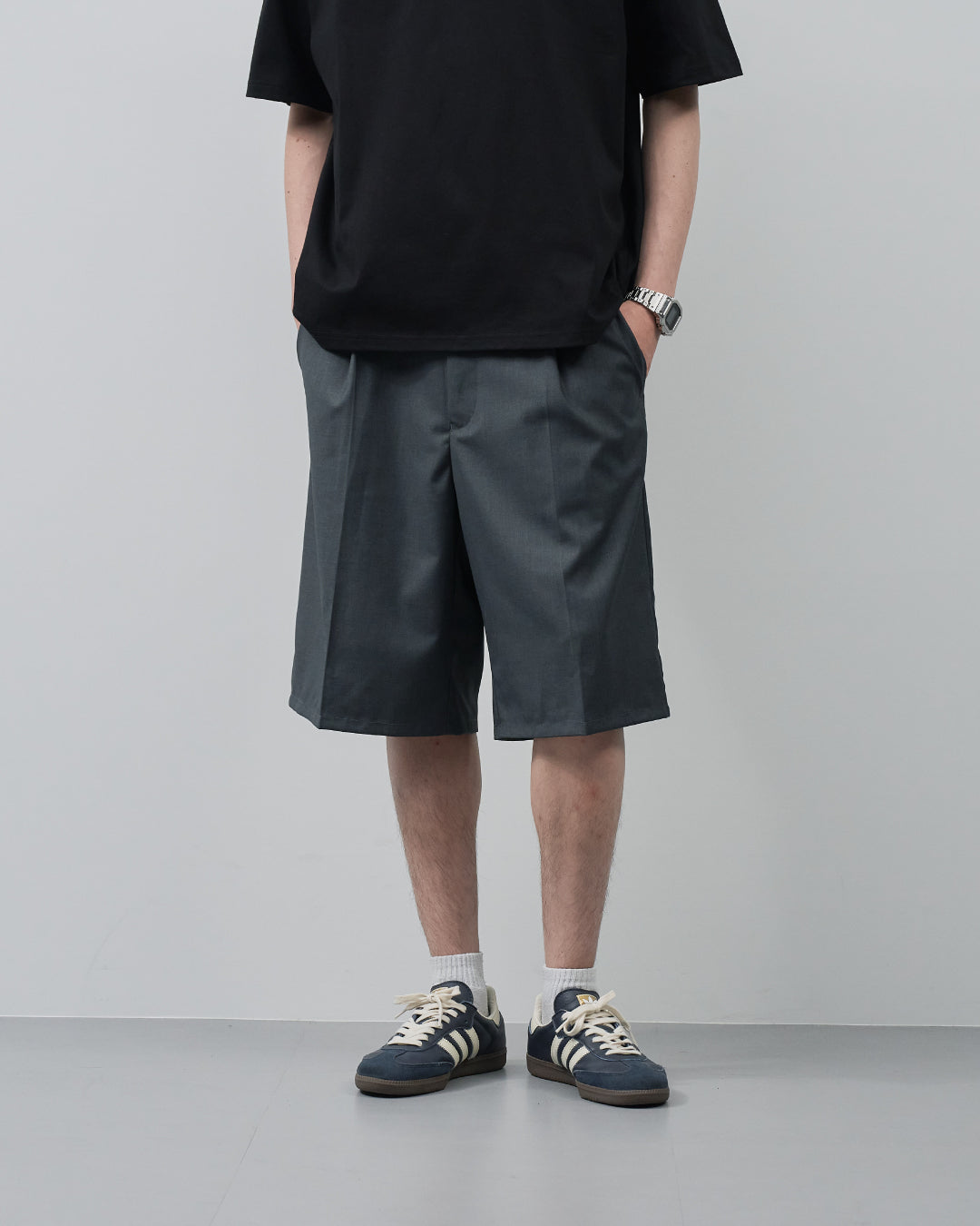 1Tuck Wide Easy Half Slacks -gray-