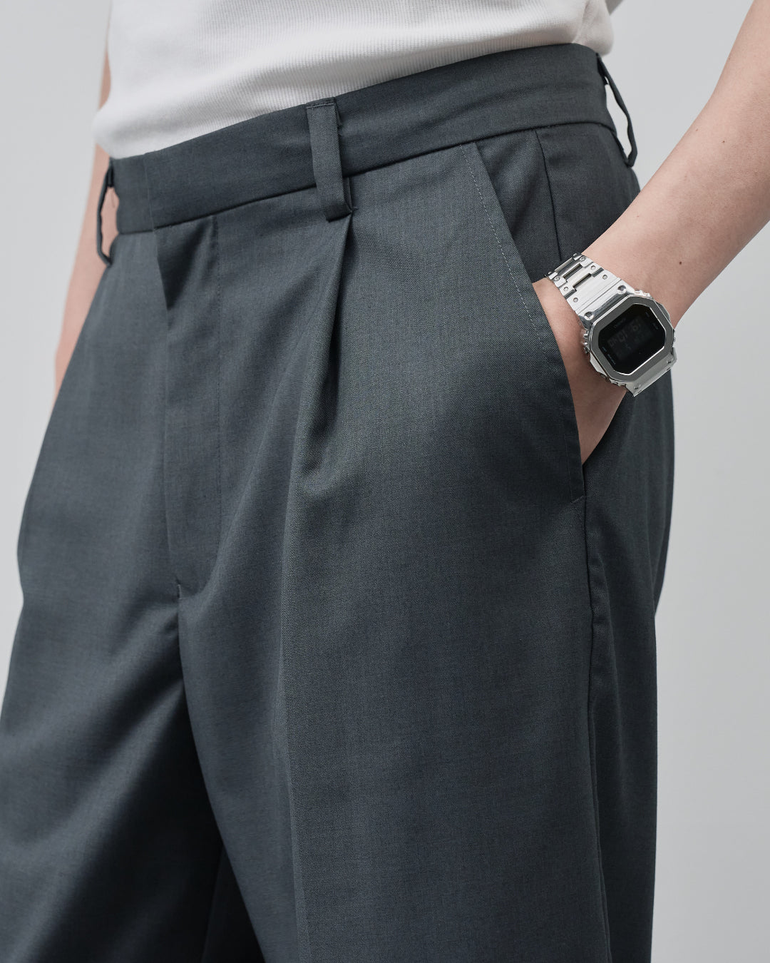 1Tuck Wide Easy Half Slacks -gray-