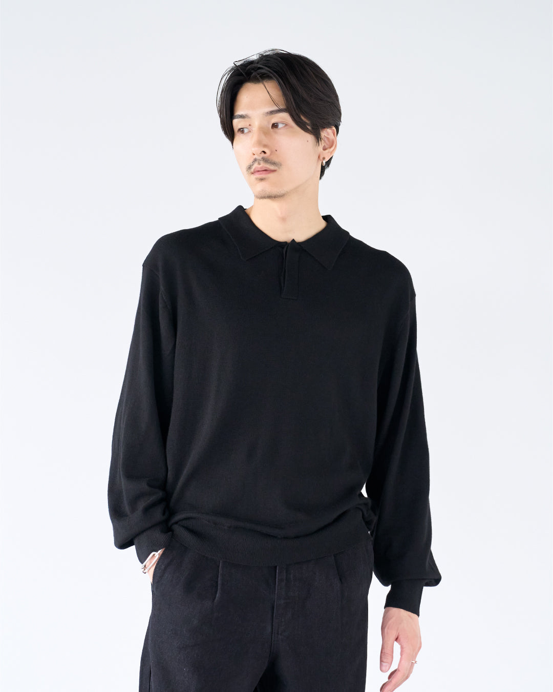 Wool Mixed L/S Knit Polo -black-