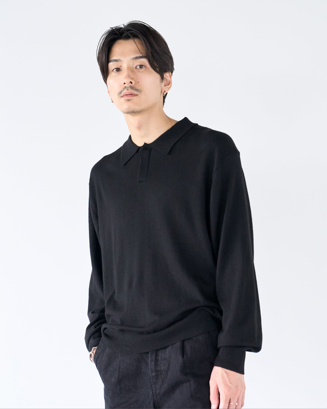 Wool Mixed L/S Knit Polo -black-
