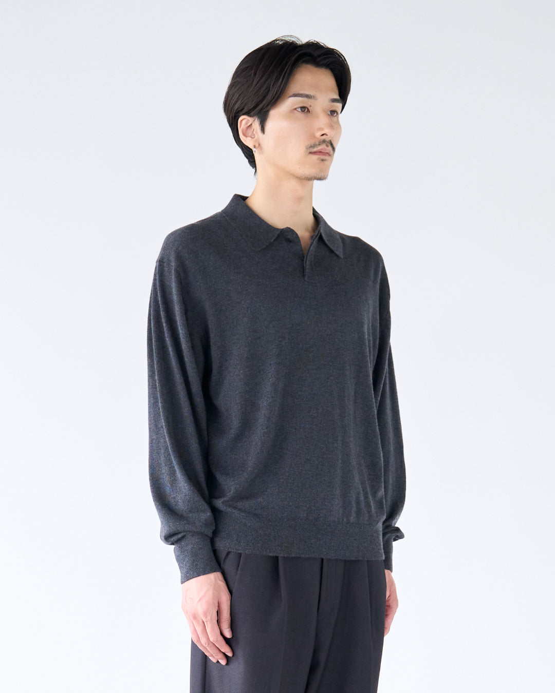 Wool Mixed L/S Knit Polo -dark gray-