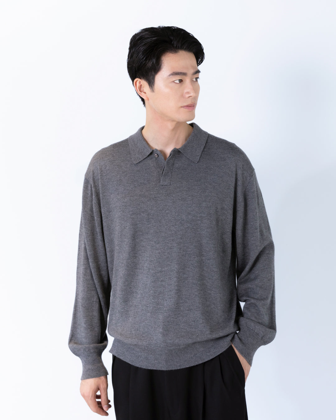 Wool Mixed L/S Knit Polo -gray-