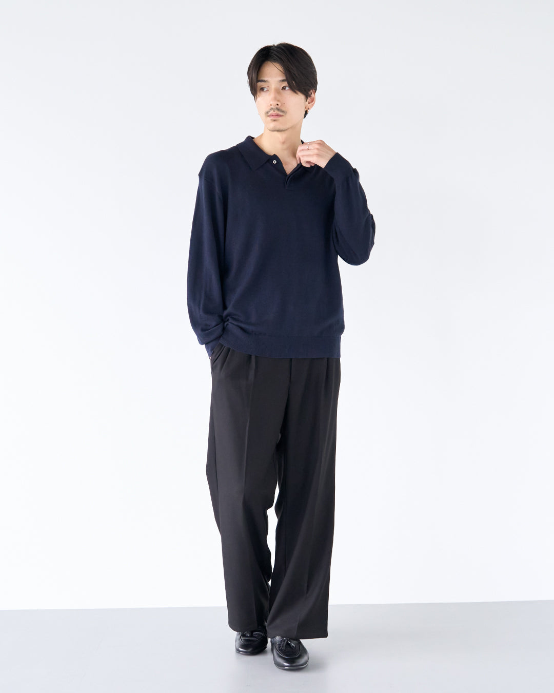Wool Mixed L/S Knit Polo -navy-
