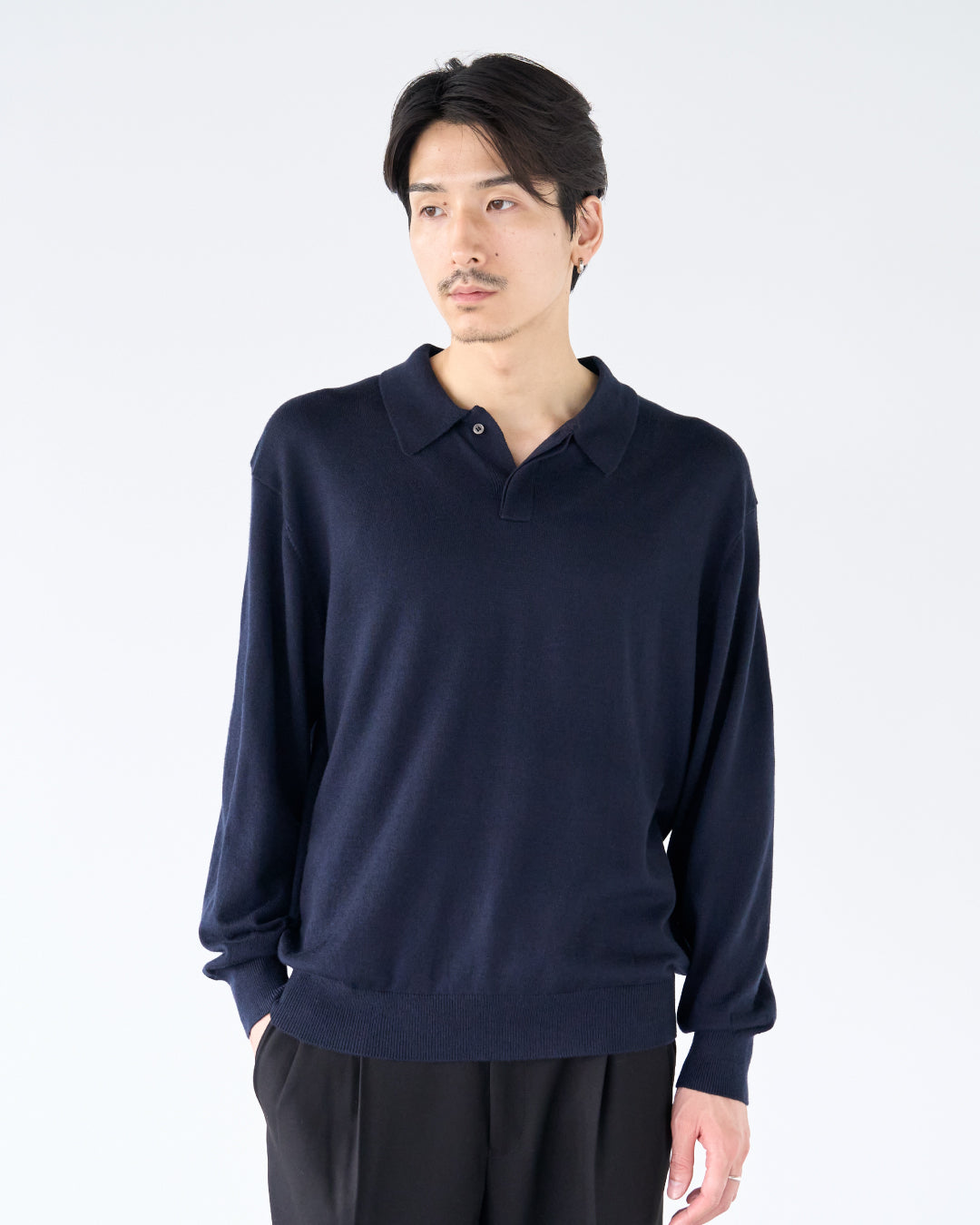 Wool Mixed L/S Knit Polo -navy-