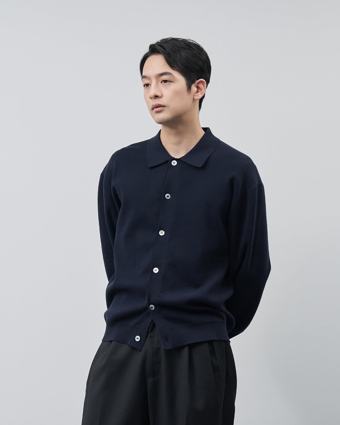 High Twist Cotton×Nylon Collared Knit Cardigan -navy-