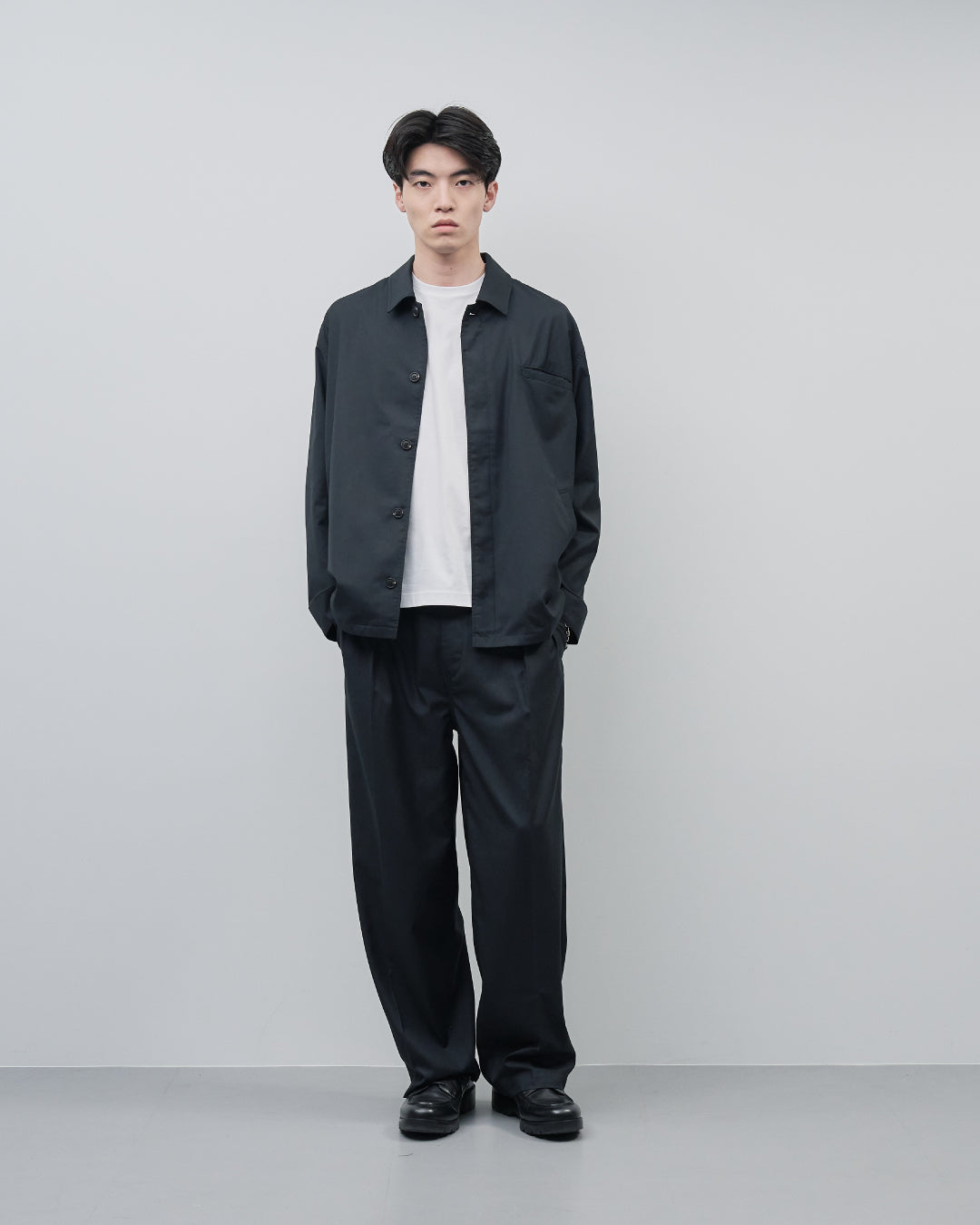 Open Collar Hidden Front Shirt Jacket -black-
