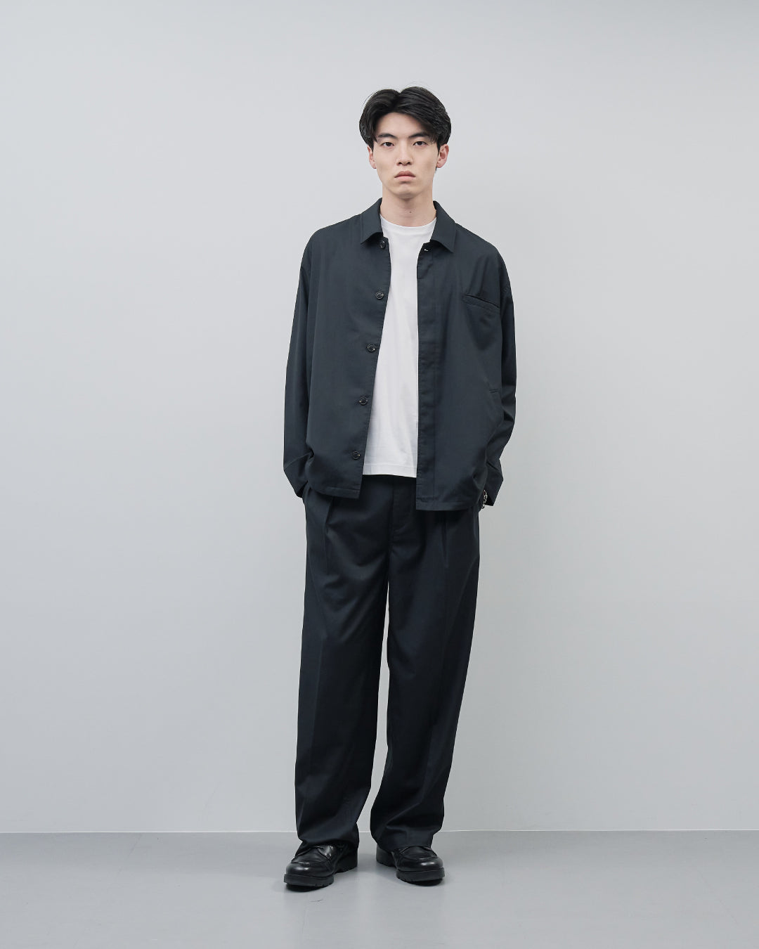 Open Collar Hidden Front Shirt Jacket -black-