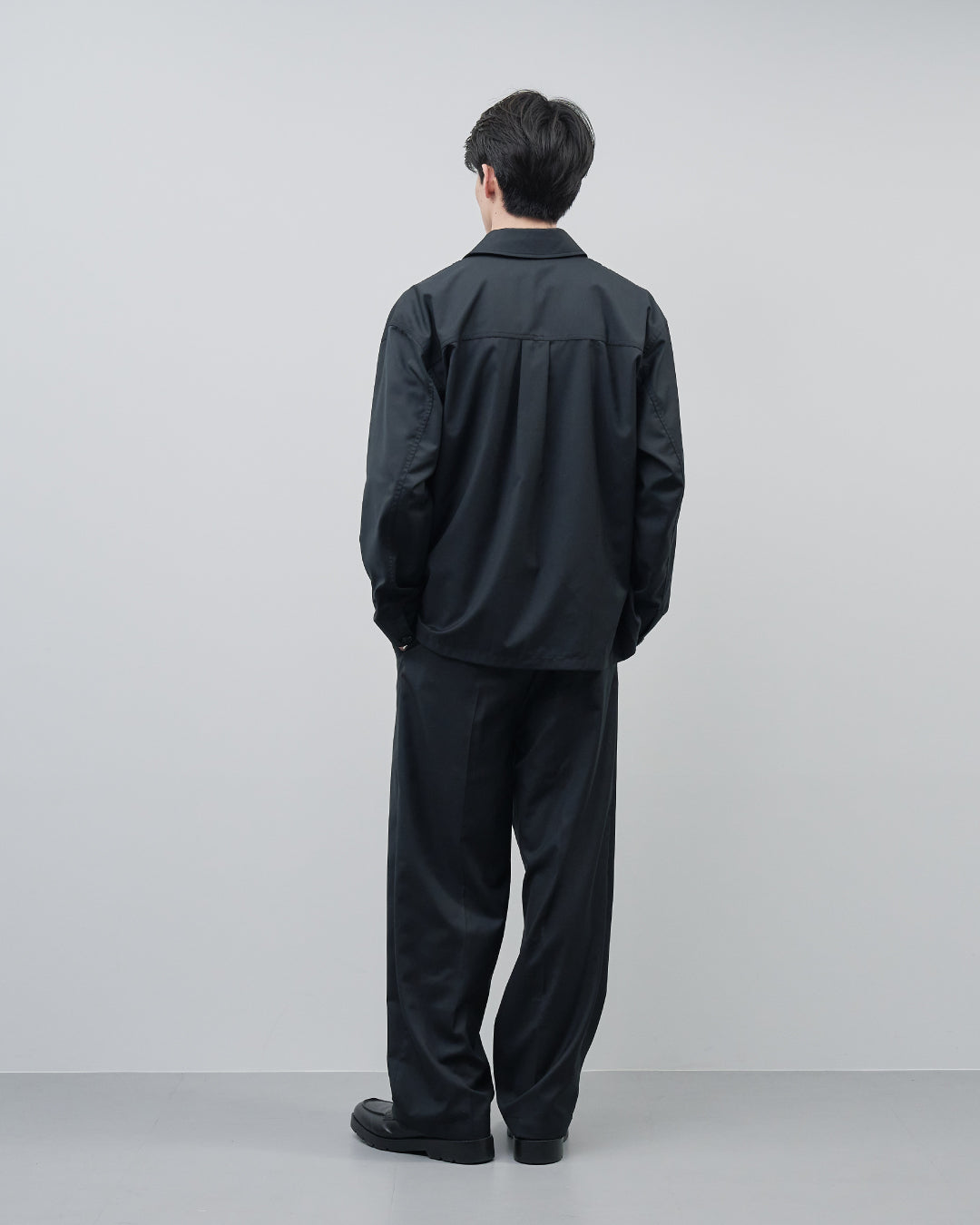 Open Collar Hidden Front Shirt Jacket -black-
