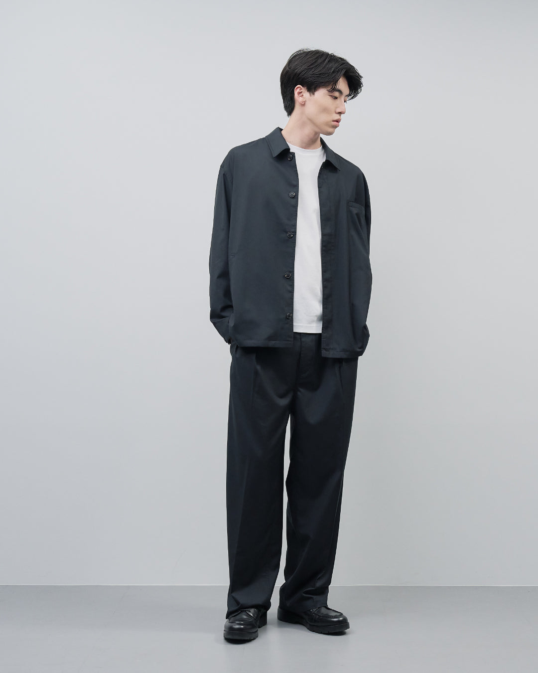 Open Collar Hidden Front Shirt Jacket -black-