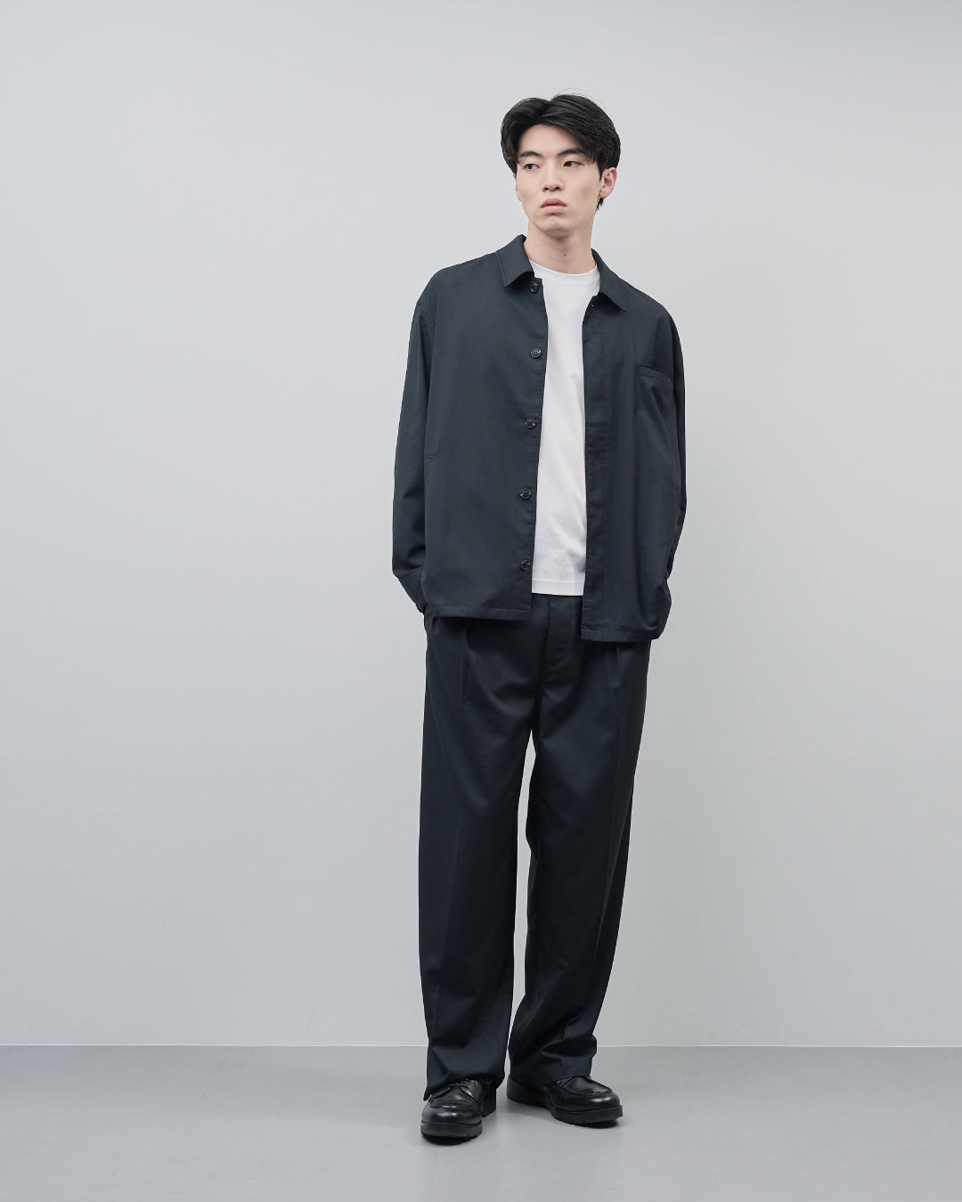 Open Collar Hidden Front Shirt Jacket -black-