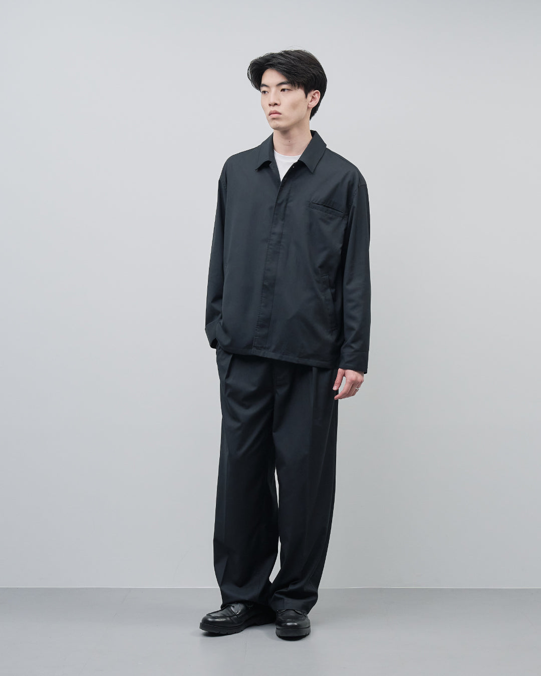 Open Collar Hidden Front Shirt Jacket -black-