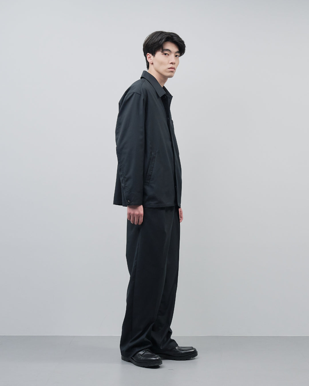 Open Collar Hidden Front Shirt Jacket -black-