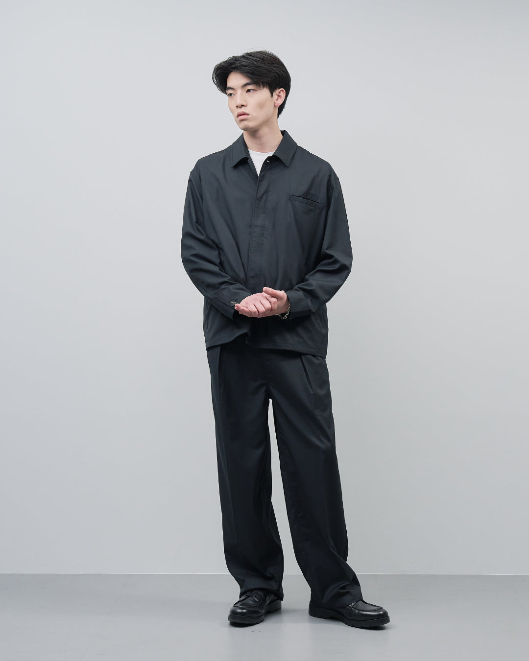 Open Collar Hidden Front Shirt Jacket -black-