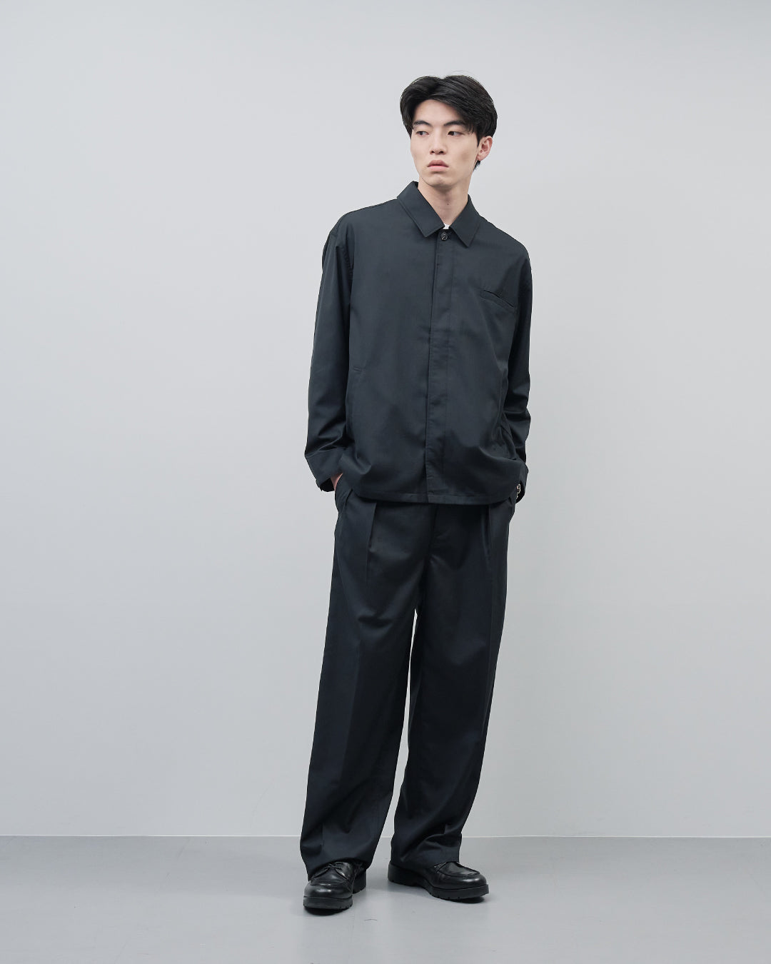 Open Collar Hidden Front Shirt Jacket -black-