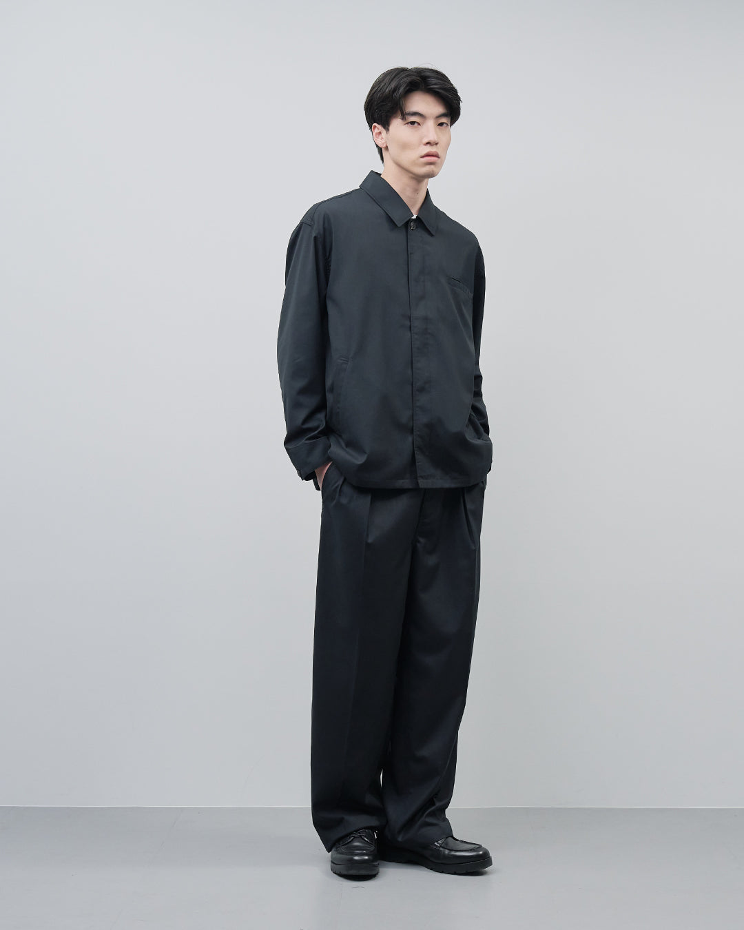 Open Collar Hidden Front Shirt Jacket -black-