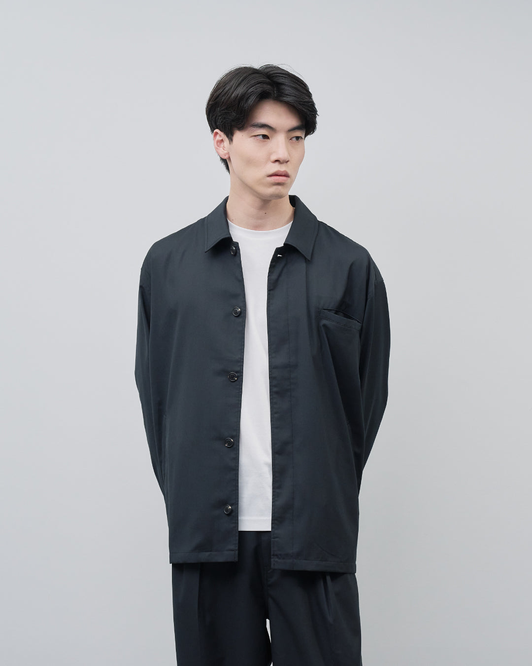 Open Collar Hidden Front Shirt Jacket -black-