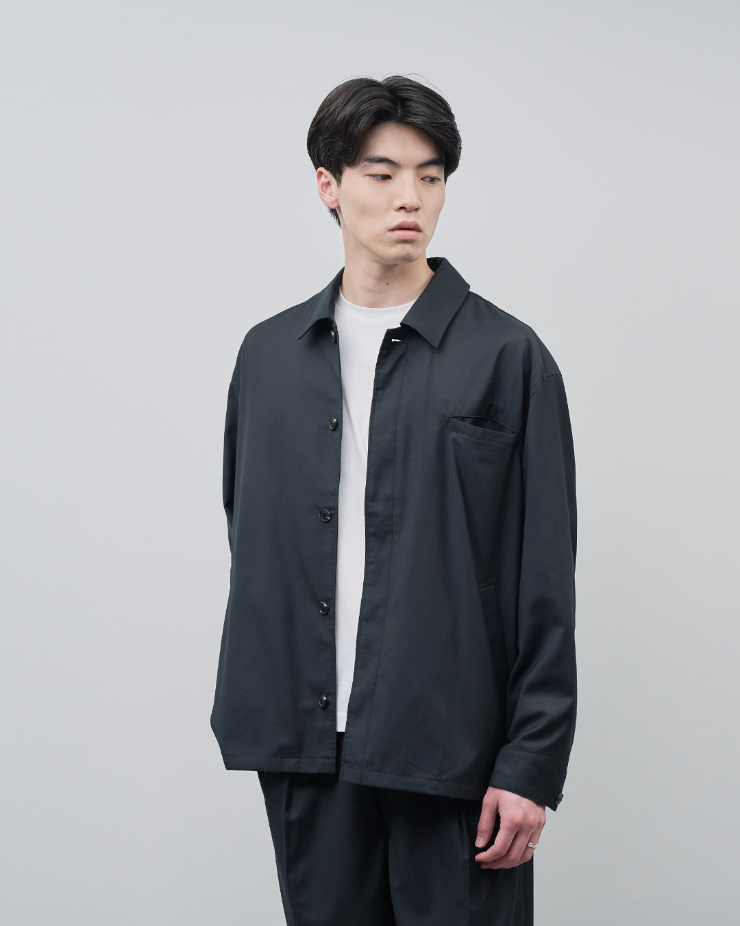 Open Collar Hidden Front Shirt Jacket -black-