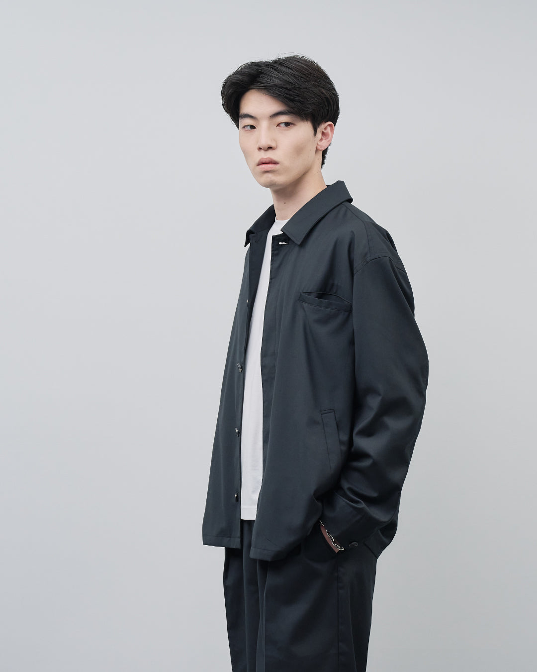 Open Collar Hidden Front Shirt Jacket -black-
