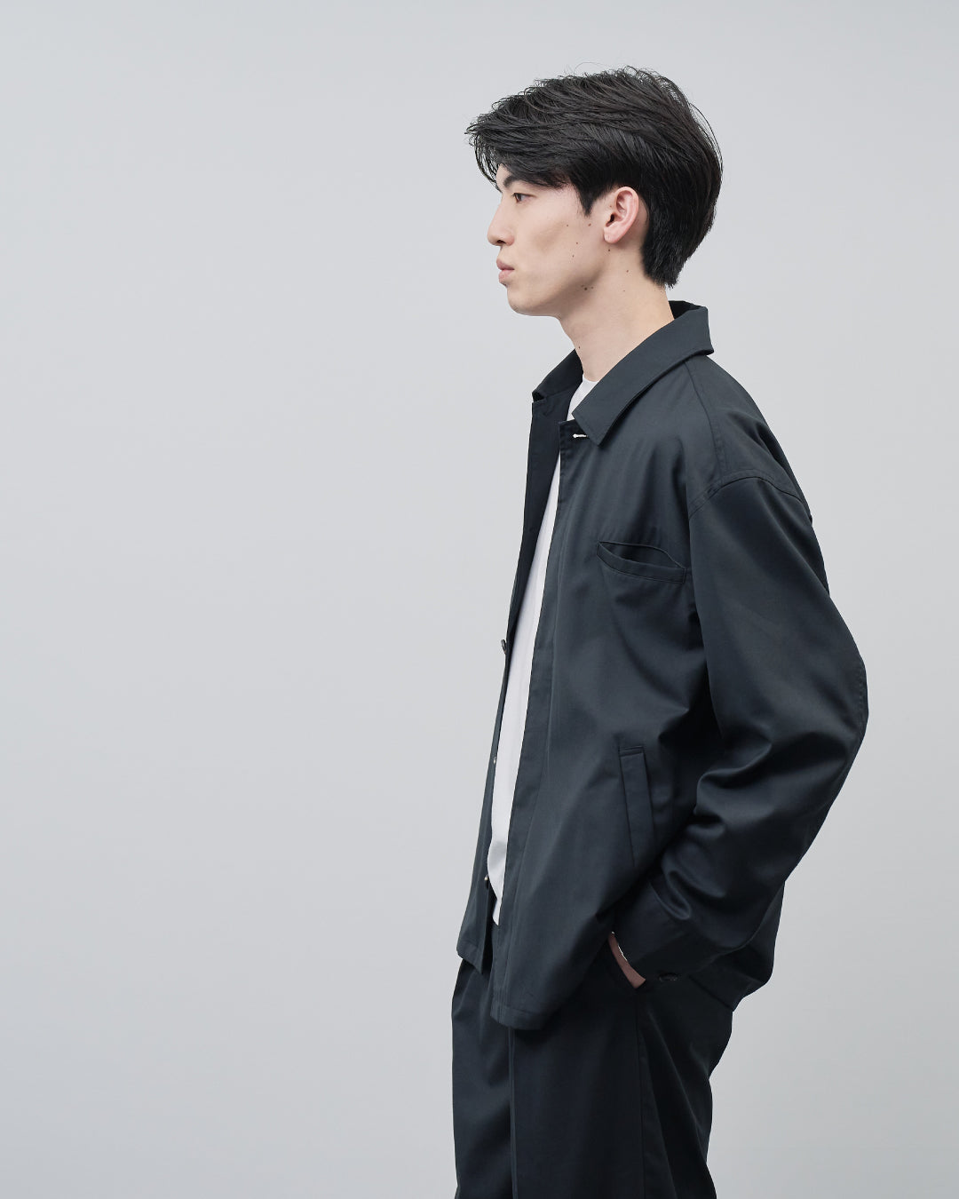 Open Collar Hidden Front Shirt Jacket -black-