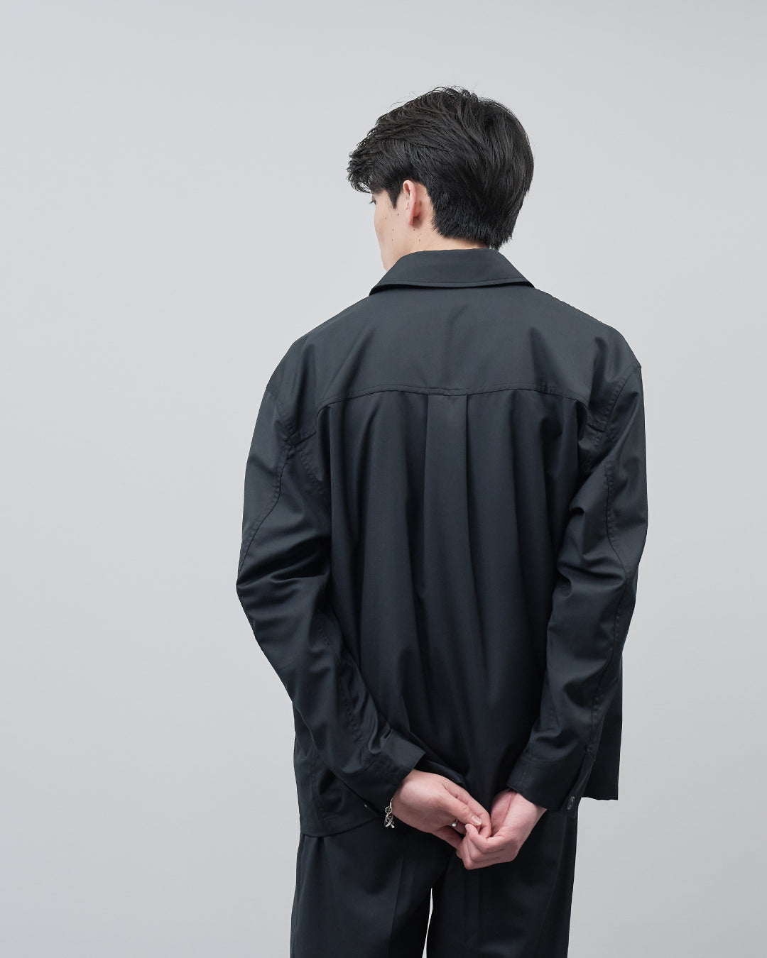 Open Collar Hidden Front Shirt Jacket -black-
