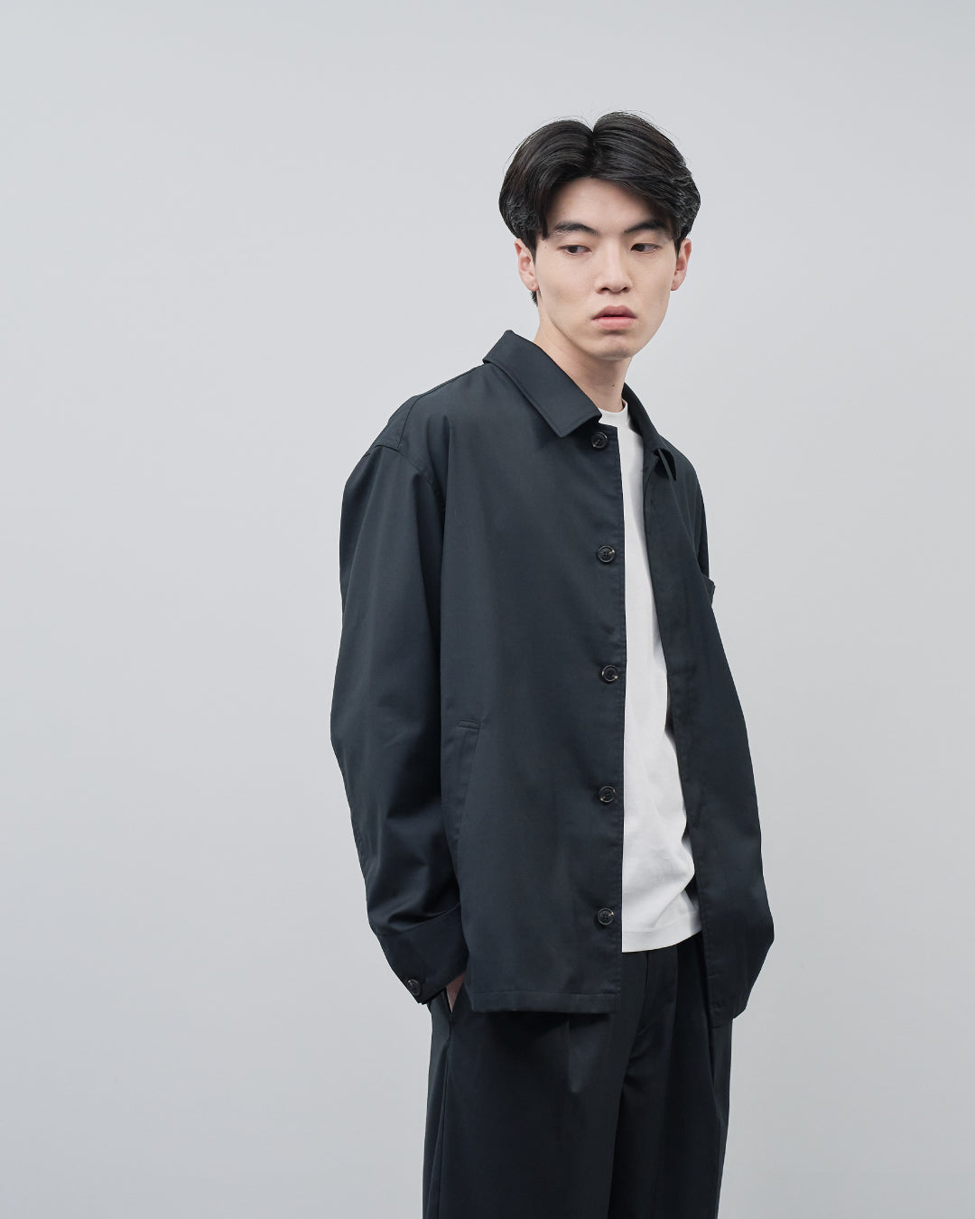 Open Collar Hidden Front Shirt Jacket -black-