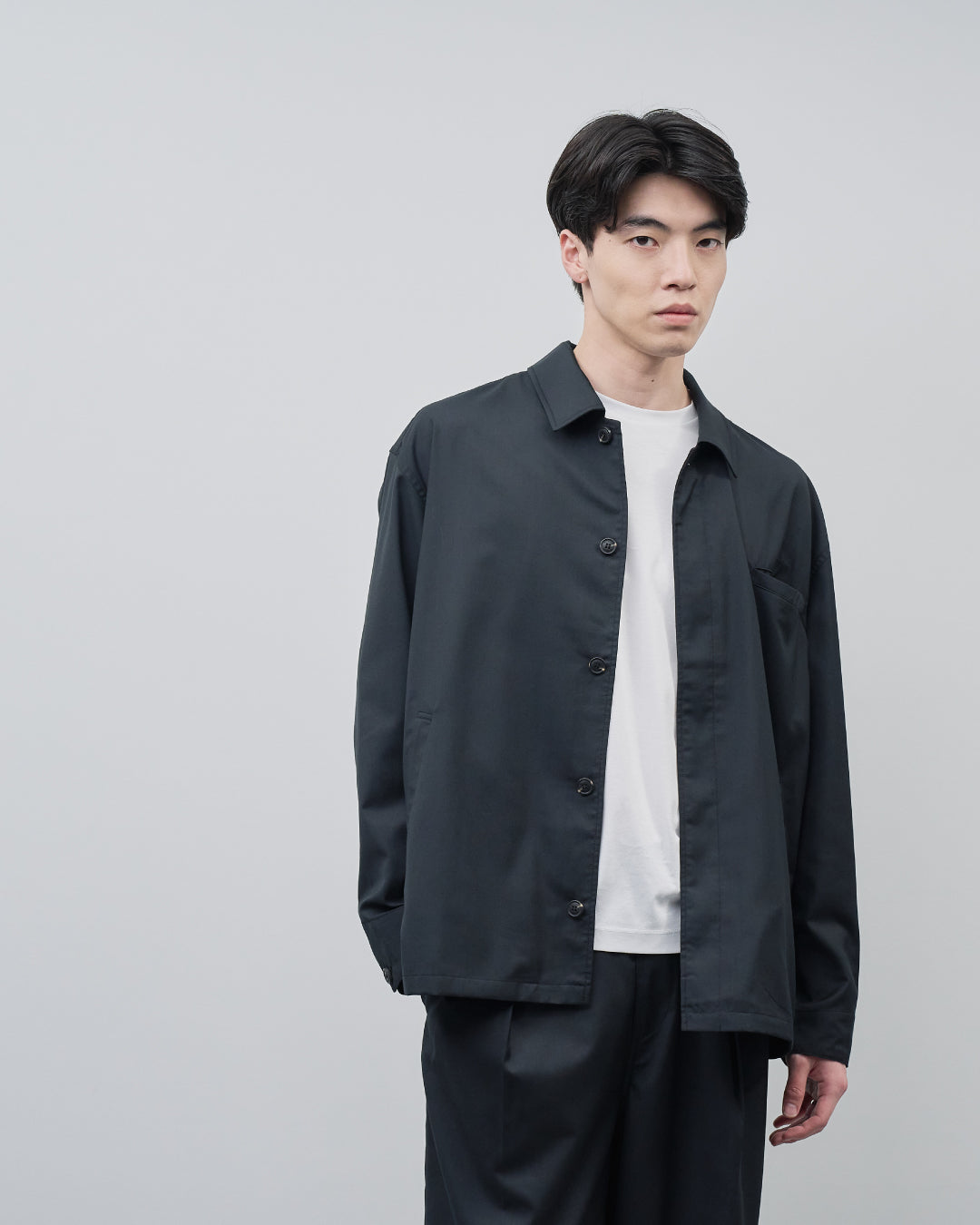 Open Collar Hidden Front Shirt Jacket -black-