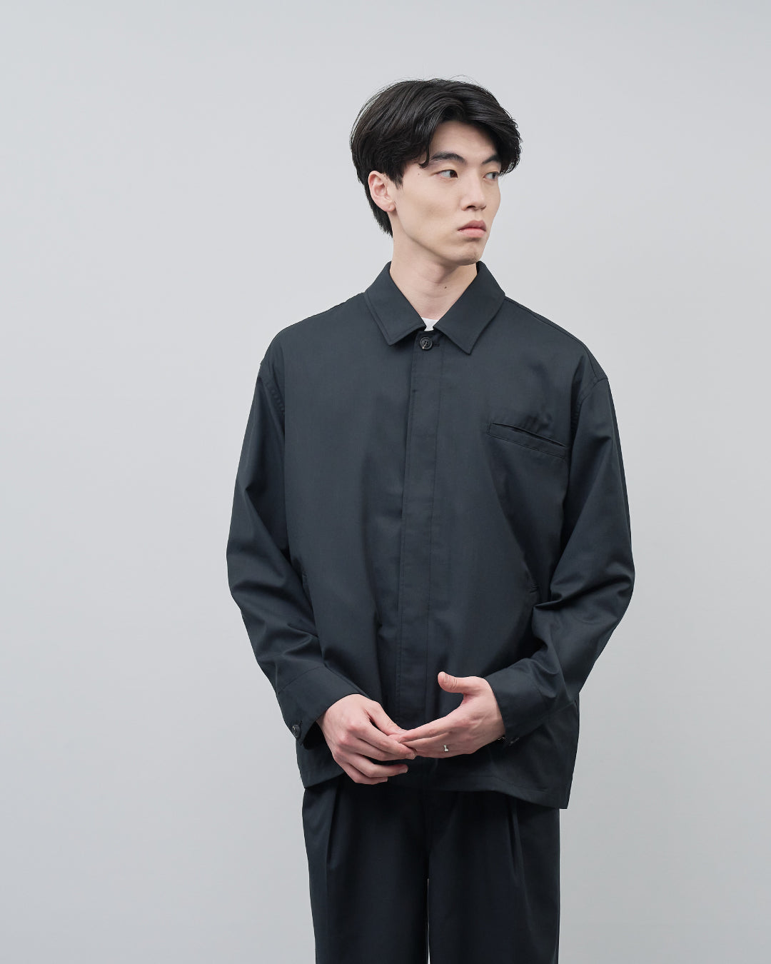 Open Collar Hidden Front Shirt Jacket -black-