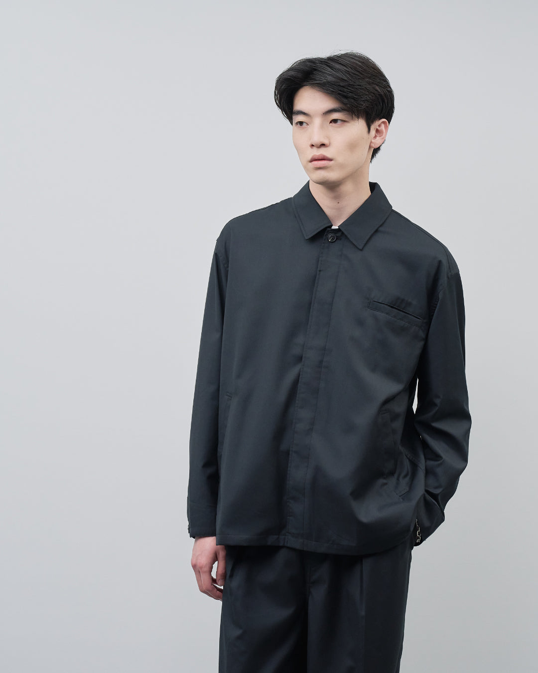 Open Collar Hidden Front Shirt Jacket -black-