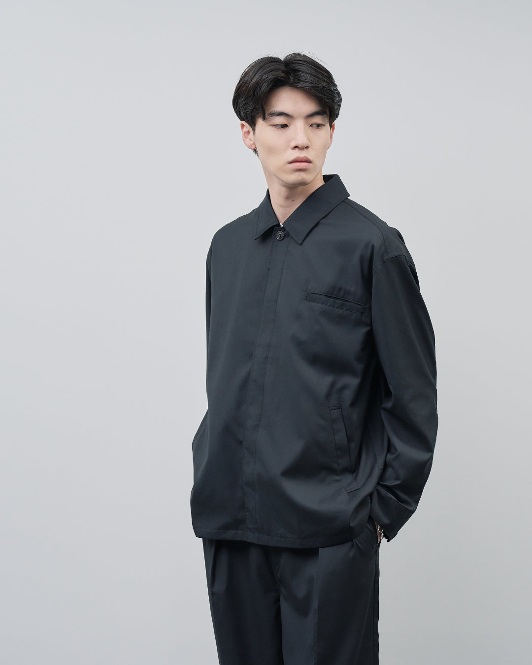 Open Collar Hidden Front Shirt Jacket -black-